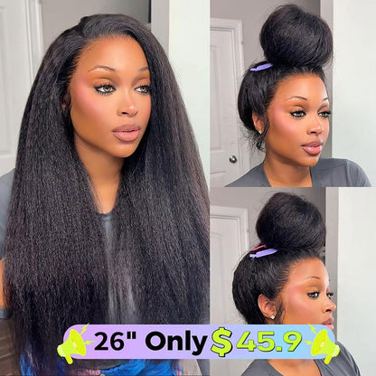 UP TO 70%OFF🔥Pre-Cut Lace Kinky Straight 360 Full Lace Frontal Glueless Wig With Invisi Drawstring Pre Plucked Human Hair Wig